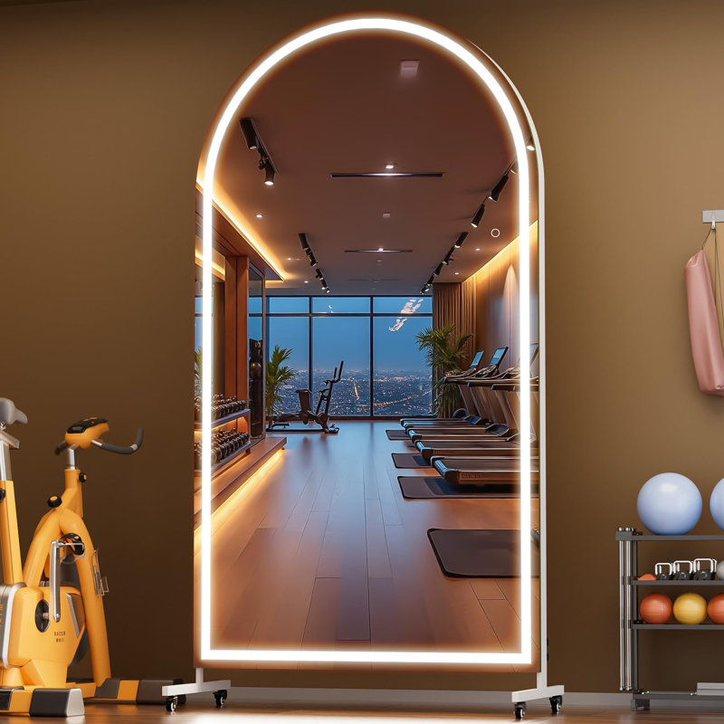 Home Gym Arched LED Mirror 360° Swivel on Wheels with Lights,Extra Large Full Body Rolling Mirror, Tempered Glass Easy to Move Full Length Mirror for Yoga Studio, Bedroom, Dancing Studio 3-Year Warranty