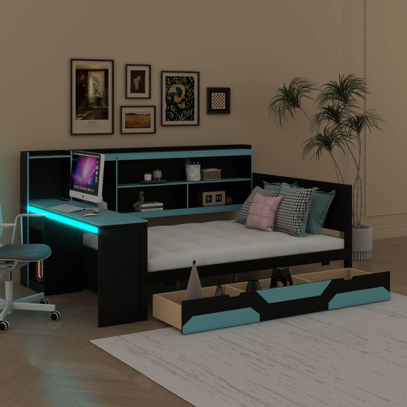 Lit de jour moderne pour les amateurs de divertissement, avec bureau intégré et éclairage, cadre de lit en bois à 3 sections avec rangement pour livres