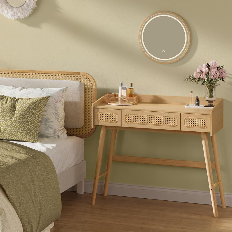 Virdie Boho Vanity Desk with Light Up Mirror, 3 Drawers, Dimmable, Touch Control Light with 3 Color Hues, Oak Beige
