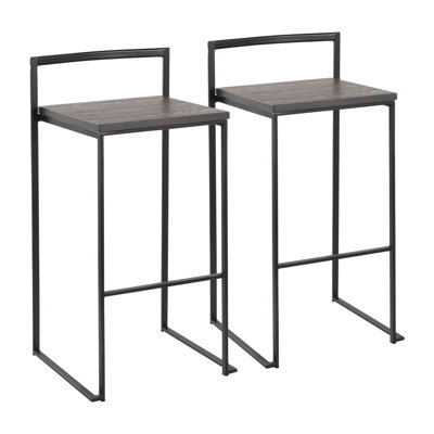 Tabouret de bar empilable de 76 cm (30 po) en métal noir avec siège en bambou grainé couleur espresso - Paquet de 2