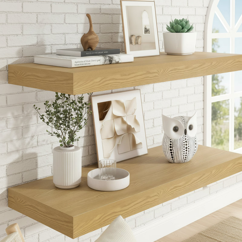 Oak-Colored Floating Wall-Mounted Shelves (2-Pack), With Concealed Brackets, Suitable For Various Spaces, Serving Both Decorative And Storage Purposes.