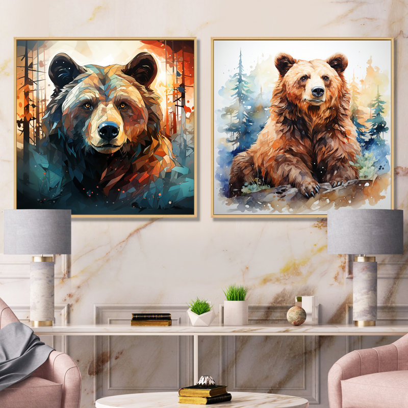«Brown Bear Forest Portrait I», ensemble de 2 décorations murales d'ours, H 16 po x l 33 po x P 1 po, Cadre flottant brun