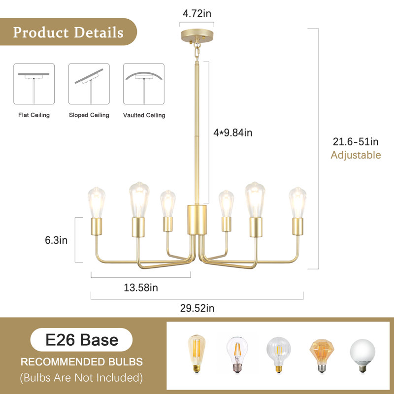 6-Light 29.5'' Dimmable Classic Chandelier Rustic Industrial Hanging Ceiling Fixture, Spray Gold