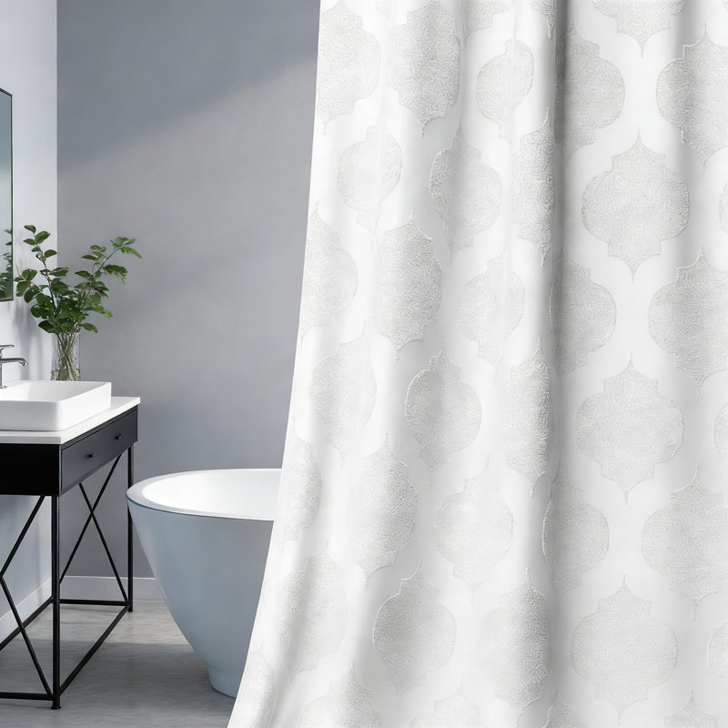 Farmhouse Shower Curtain With Plush Texture, Waterproof Fabric, Reinforced Grommets, 72X72 Inches, White