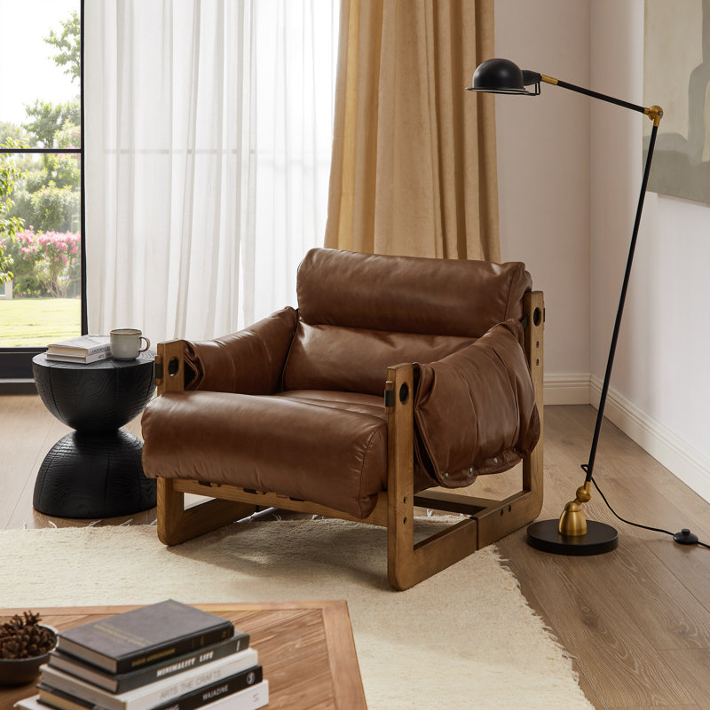 Devin 37.40'' W Top Grain Genuine Leather Accent Lounge Chair and Ottoman Set, Chocolate