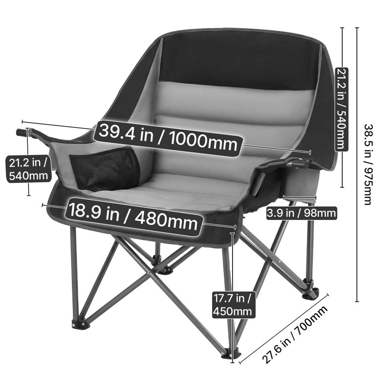 Oversized Camping Chairs, 450 lbs Heavy Duty Support, Portable Padded Folding Camp Chairs with Dual Cup Holders & Wine Glass Holders, Carry Bag for Outdoor, Fishing, Black & Gray