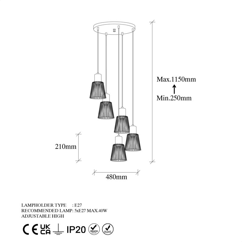 Luminaire suspendu grappe 5 lumières Empire, Or brillant