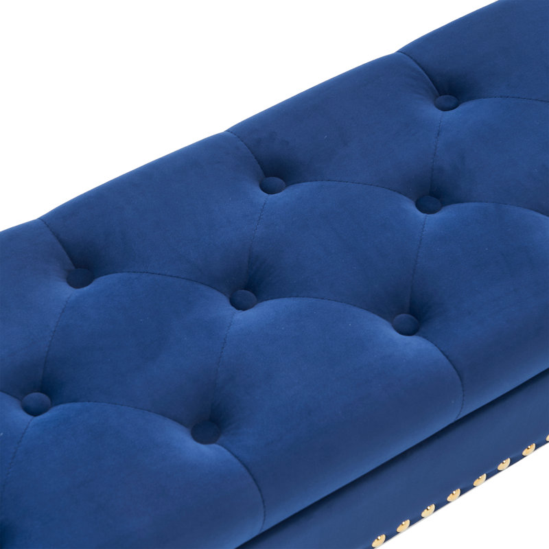 Renata Velvet Upholstered Storage Bench with Nailhead Trim, Navy