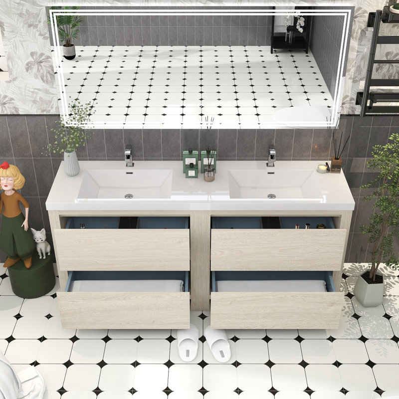 Meuble-lavabo double 70,9 po avec plateau en acrylique Beyerville, Bois clair