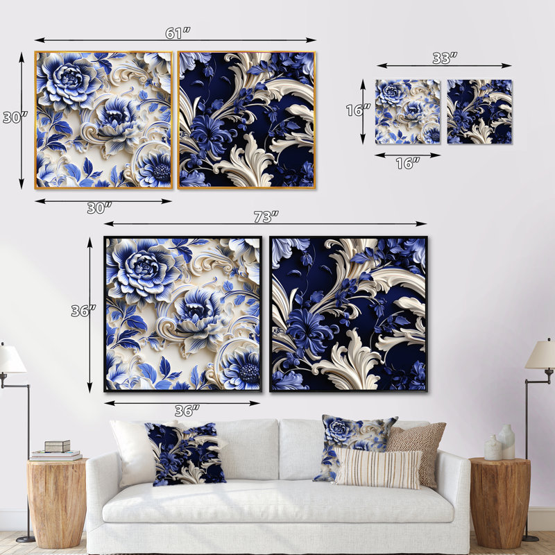 Danita - Ensemble de 2 collages carrés floraux, H 16 po x l 33 po, Toile tendue