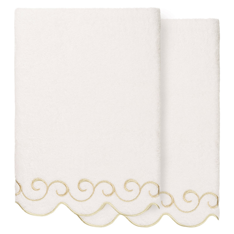  100% Turkish Cotton SIMPLICITY Scallop 2PC Embellished Bath Towel Set, White/Beige, Bath Towel - 2 Pack