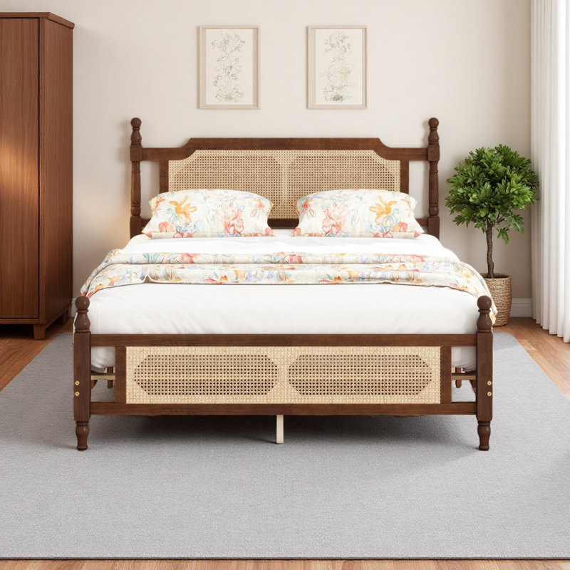 Grand lit en bois de pin avec tête et pied de lit en rotin, avec plateforme centrale améliorée, Grand lit, Noyer