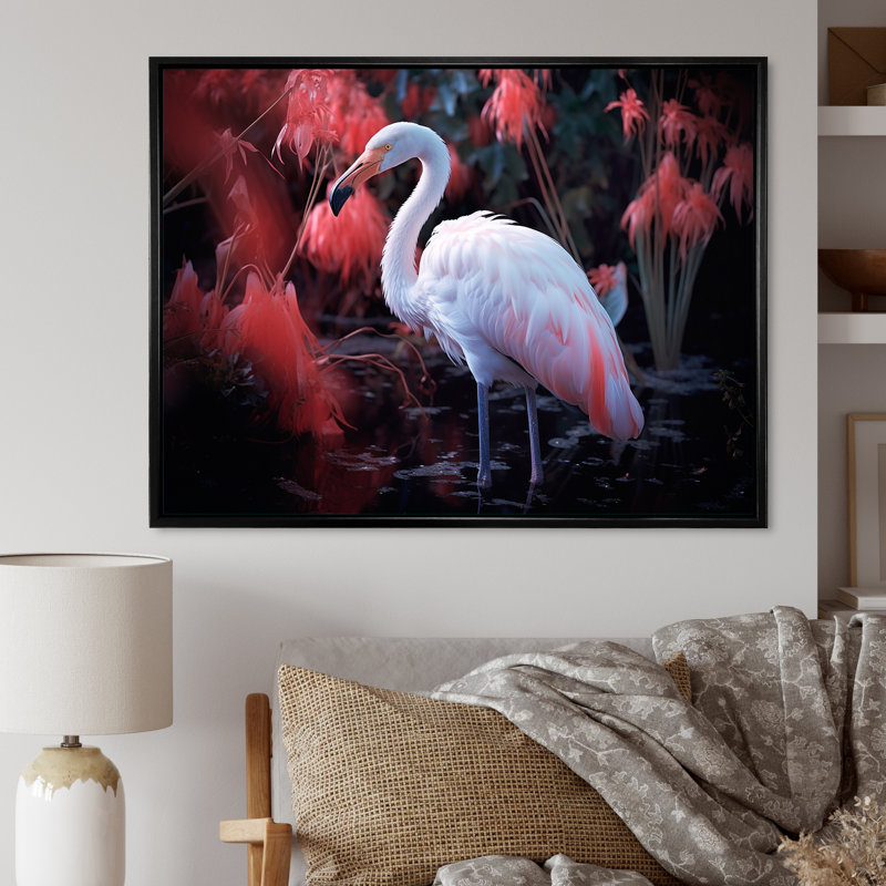 «White Flamingo Paradise III», reproduction sur toile, Cadre flottant noir, H 24 po x l 32 po x P 1,5 po