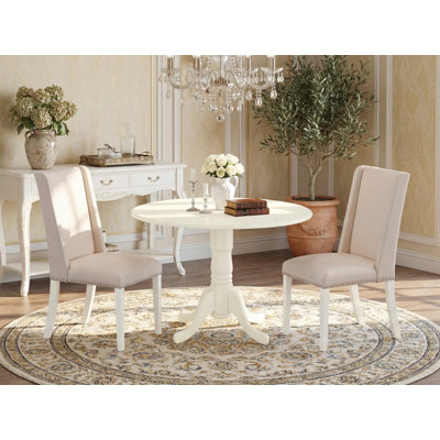 L'ensemble de table de cuisine 3 pièces comprend une table de salle à manger ronde avec Dropleaf et 2 chaises rembourrées en tissu crème, lin blanc