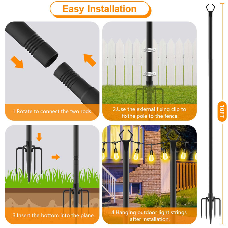 Guirlande de 10 pi avec guirlandes lumineuses d'extérieur, avec piquet de sol et guirlande de lumières pour support de patio et jardin (ensemble de 4)