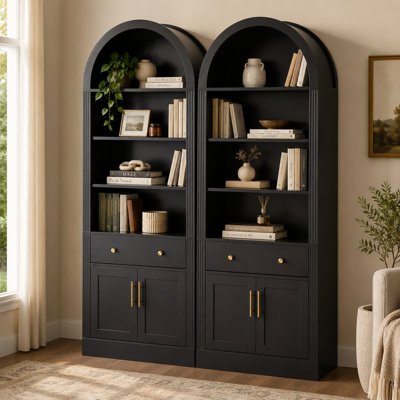 Ensemble de bibliothèque arquée 2 pièces avec armoire de rangement et tiroirs Garst, bibliothèque haute avec tablettes réglables, garde-manger et organisateur de salon