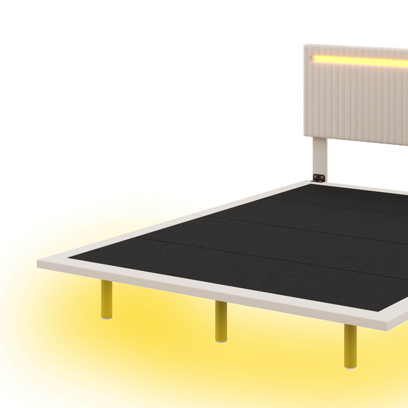 Modern LED-Lit Upholstered Floating Bed Frame, Beige, Queen