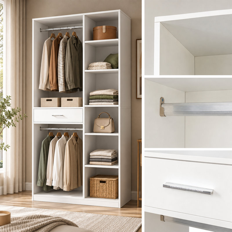 Armoire-penderie autoportante avec 2 tringles, 6 tablettes ouvertes et 1 tiroir, blanche