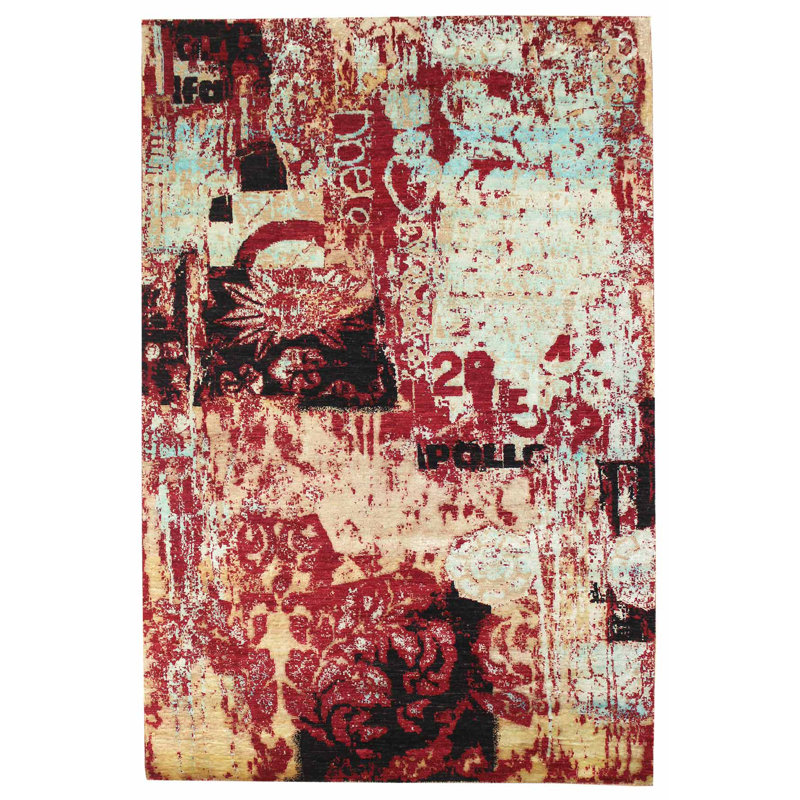 Tapis rouge / noir / beige 6 pi 7 po x 10 pi One-of-a-Kind Erased Look