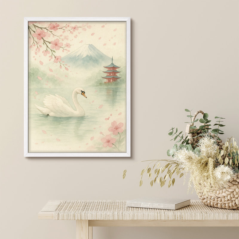 Reproduction d'art encadrée - cygne avec fleurs de cerisier et mont Fuji, art japonais à l'aquarelle romantique pour les chambres à coucher ou les coins de lecture