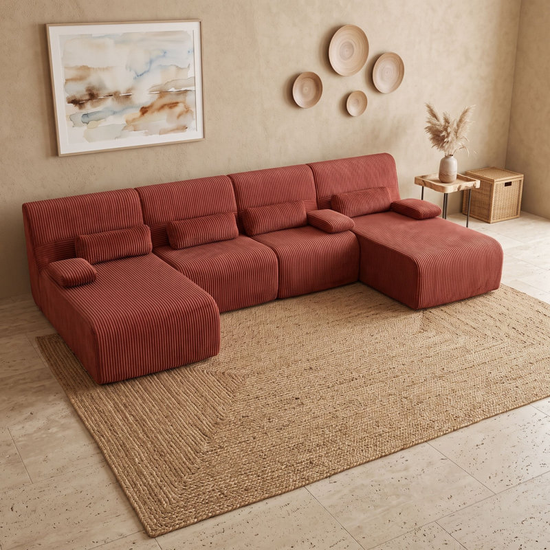 Canapé modulaire moderne avec canapé rembourré en velours côtelé et coussins, Rouge