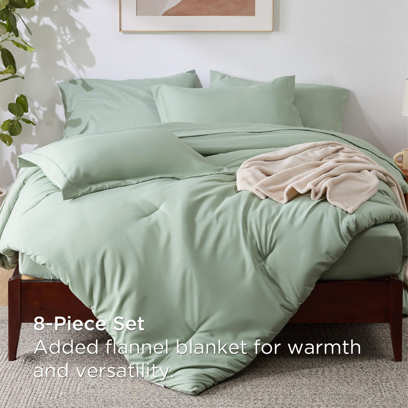 Sage Green Queen Microfiber Bedding Set with Flannel Blanket