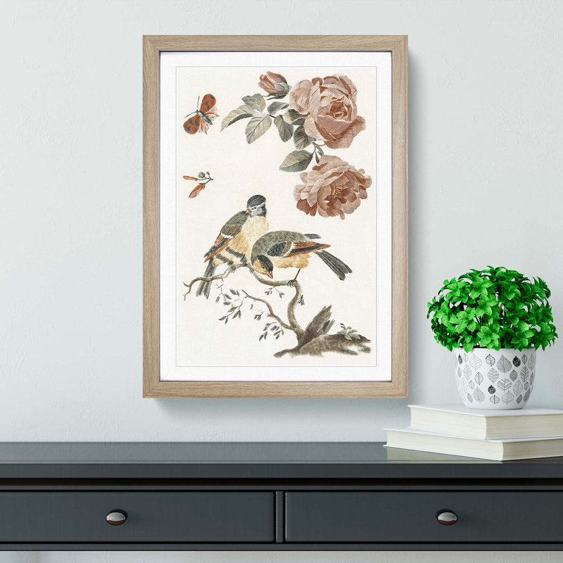 Roses, Birds & Butterfly by Johan Teyler - Picture Frame Graphic Art Print, Oak, 76cm H x 50cm W x 2cm D