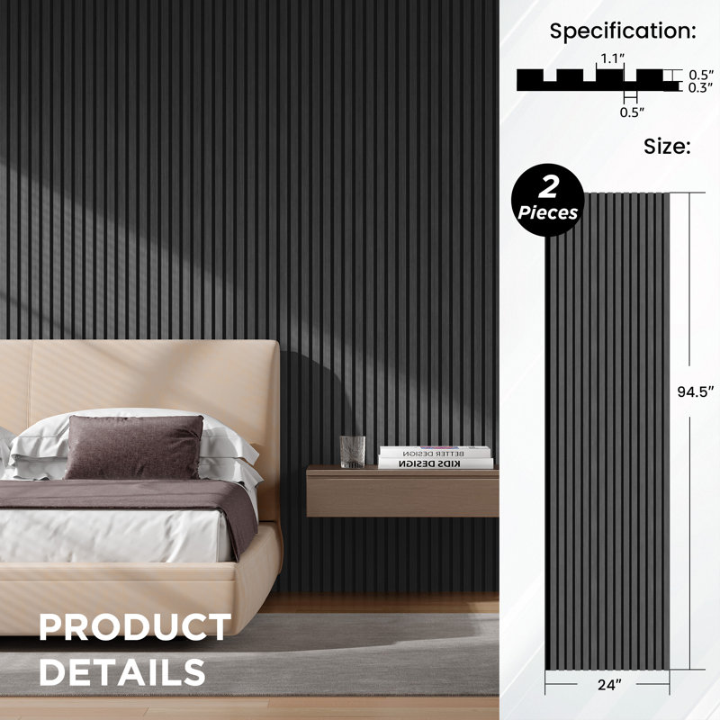 2 PCS x 94.5''L x 24"W Acoustic Slat Wall Panels, Eco-Wood Look for Home/Office Wall & Ceiling, Charcoal Ash Gray