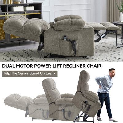 Dual Motor Infinite Position Up To 350 Lbs Chenille Power Lift Recliner Chair, Heavy Duty Motion Mechanism With 8-Point Vibration Massage And Lumbar Heating, Dual Cup Holders