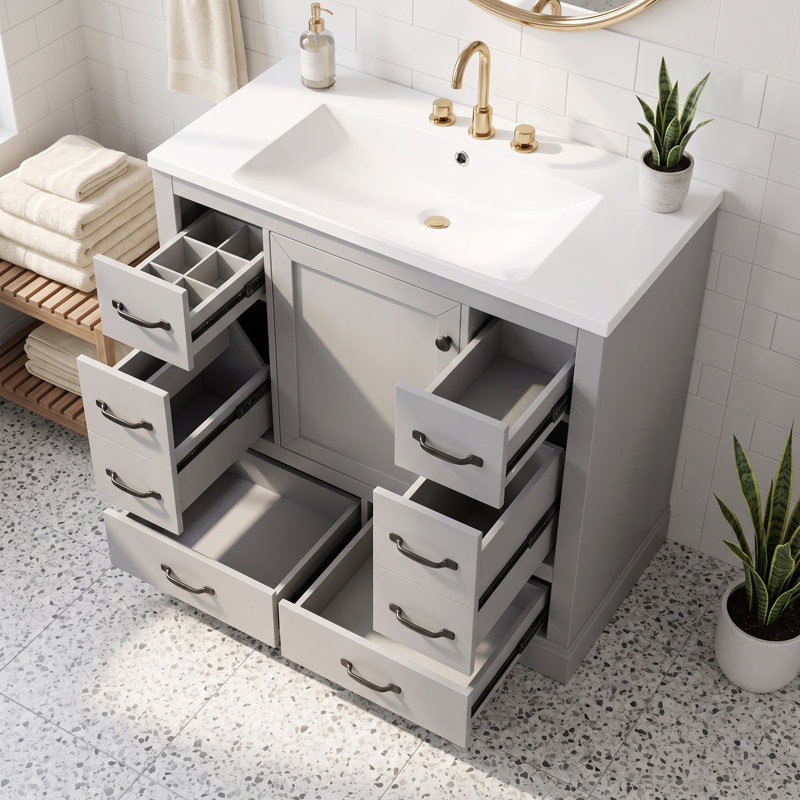 Meuble-lavabo autoportant en MDF de 91 cm (36 po) en bois massif, lavabo simple, étagère réglable, séparateur de tiroir multifonctionnel et accessoires de quincaillerie complets