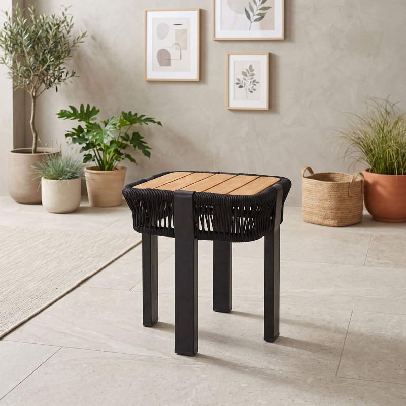 Table de bout d'extérieur pour patio avec corde et structure en métal, Teck noir