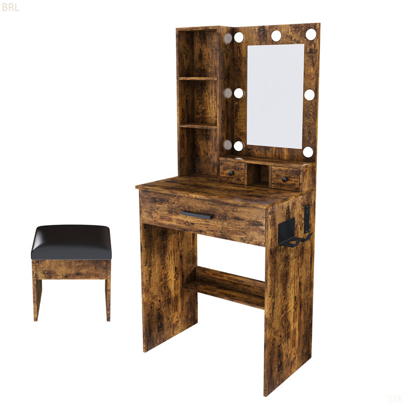Table de coiffeuse avec miroir et lumières DEL réglables, prise de courant, support pour séchoir à cheveux et tabouret - coiffeuse compacte pour petites chambres