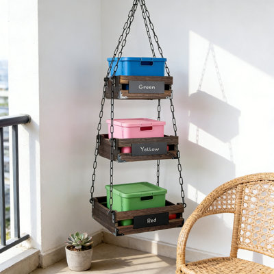 3-Tier Rustic Wood Hanging Fruit Basket Organizer With Metal Hooks - Kitchen Countertop & Wall Storage For Fruits, Vegetables, And Essentials