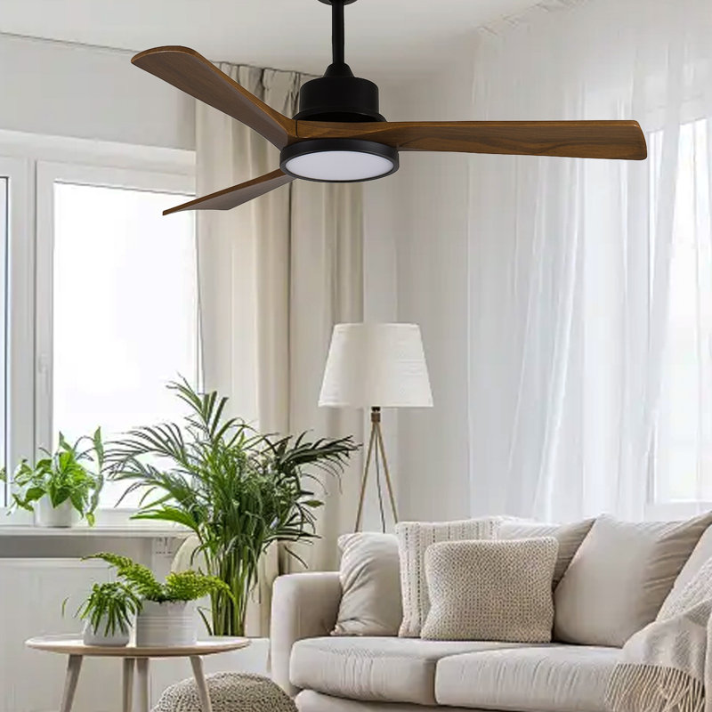 Ventilateur de plafond avec lumière, pales en bois massif, 2 tiges pour plafond incliné ≤15 °, moteur CC réversible silencieux, application et télécommande, 6 vitesses, minuterie, DEL à spectre complet à intensité variable