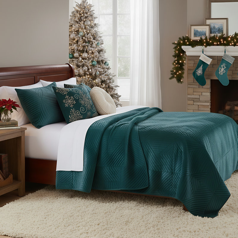 Bann Riviera Velvet Reversible Quilt Set, Teal Geometric Shapes, King Quilt + 2 King Shams