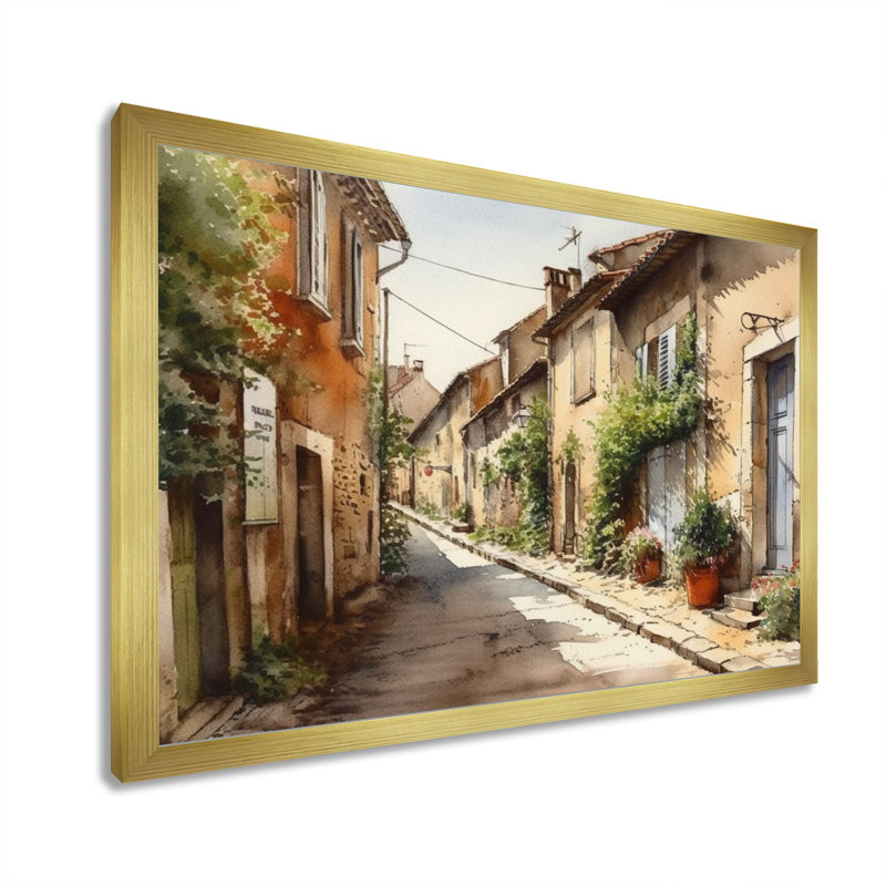 «Rochan Mediterranean Village Street I - Landscape Cottage», reproduction sur toile encadrée, Cadre doré