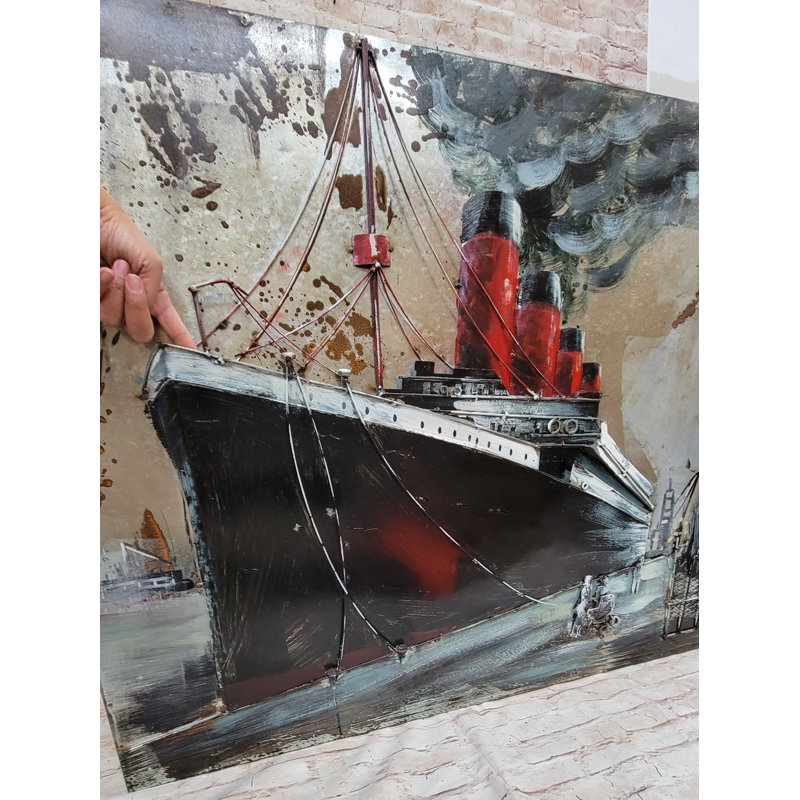 «Vintage Steamboat», bateau de croisière à quai au port, art mural suspendu en métal 3D