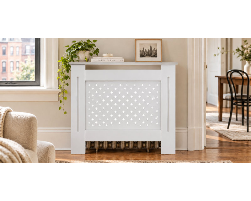 Cache-radiateur en MDF de 78 cm de large avec panneau avant perforé et tablette d'exposition, White