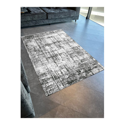 Tapis à rayures tissé gris anthracite moderne lavable à la machine