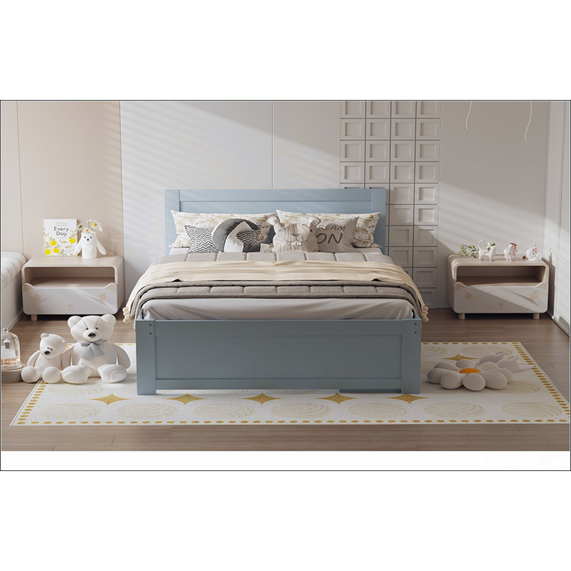 Lit plateforme double avec tiroir et deux tablettes, peu encombrant et élégant au fini gris pour les chambres modernes, Gris