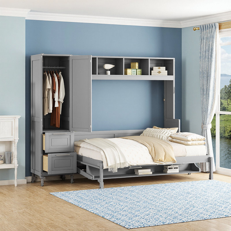 Grand lit escamotable mural avec garde-robe et rangement intégrés, Vert