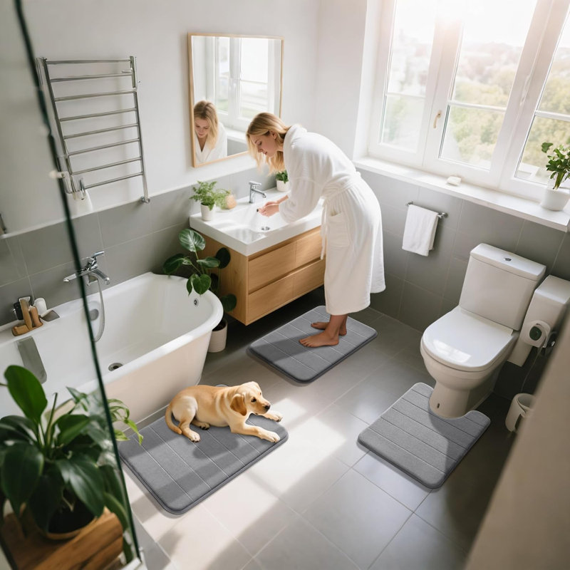 Ensemble de tapis de salle de bain en mousse à mémoire de forme 3 pièces, tapis de sol lavable à séchage rapide et antidérapant ultra doux pour base de meuble-lavabo de douche