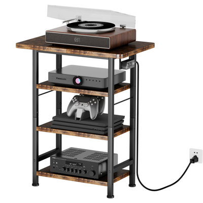 Meuble audio-vidéo à 4 niveaux avec prise de courant, support pour tourne-disque en bois, centre de divertissement avec tablettes de rangement, support DVD pour chambre à coucher, salon, brun