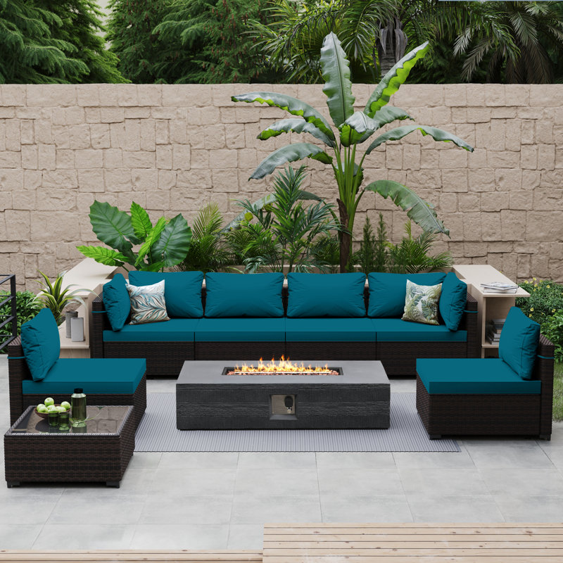 8-Piece Rattan Patio Conversation Set with Cushions and 56-Inch Outdoor Fire Pit Table, Lake Blue