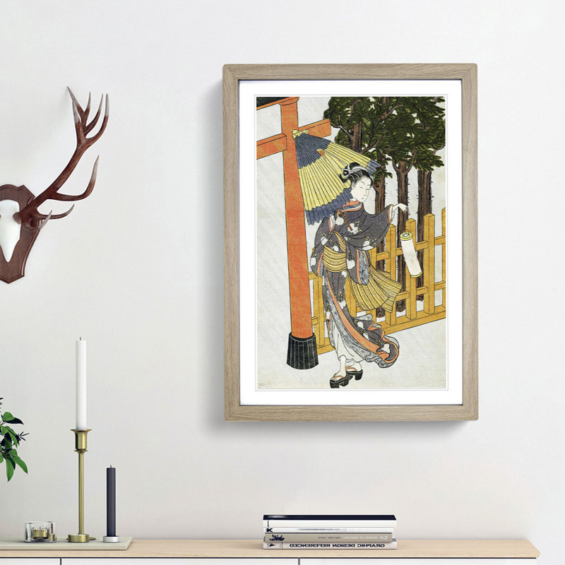 Woman Visiting the Shrine by Harunobu Suzuki - Picture Frame Painting Print, 48cm H x 36cm W x 2cm D, Oak Framed