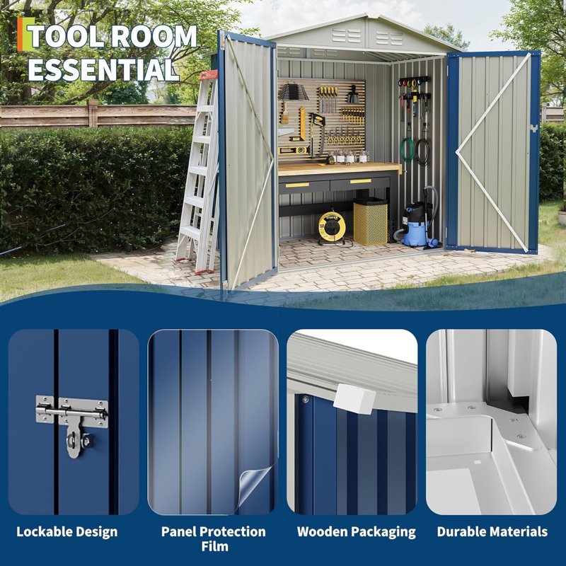 3.7m³ Outdoor Galvanized Steel Storage Shed, Weather Resistant Garden Tool Shed with Sloped Roof for Bikes Ladders, 183x120cm, Blue