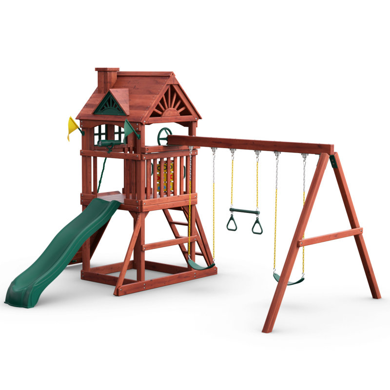 Nantucket Cedar Wood Swing Set with Green Slide and Fort