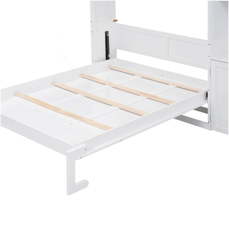 Lit escamotable double avec plusieurs tablettes de rangement et une armoire, blanc
