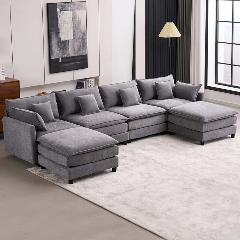 Canapé-lit modulaire en chenille moderne en U avec canapé modulaire et canapé modulaire à 4 places, Gris chenille