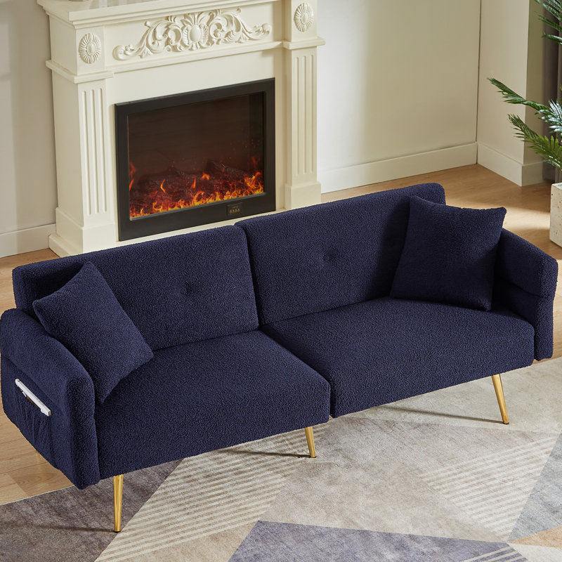 Moderne, réglable, canapé-lit à 3 places, pieds en métal doré, poche latérale, accoudoir pliable, futon rembourré bleu foncé avec 4 angles réglables et poche pour l'espace de vie principal